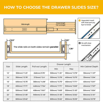 3-Section Full Extension Side Mount Slides Soft Close Drawer Slides 100 LB Load Capacity