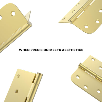 4in Brushed Brass Gold with Square & Round Corners Butt Hinges for Interior Door
