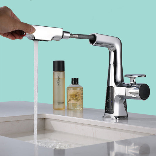 Pull-out digital display bathroom faucet with dual spray modes