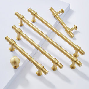 Gold Brass T-Bar Cabinet Handles and Matching Knobs