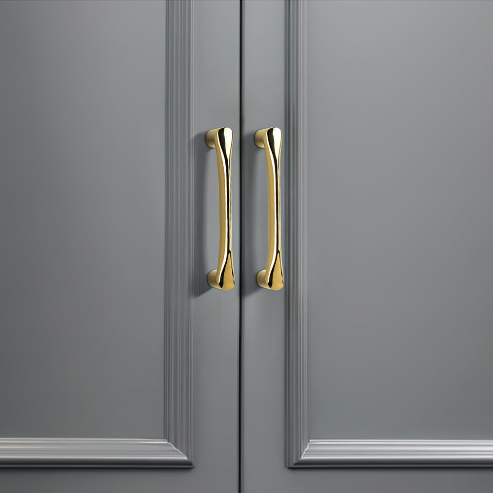 Curved Brass Cabinet Pulls in Gold and Black