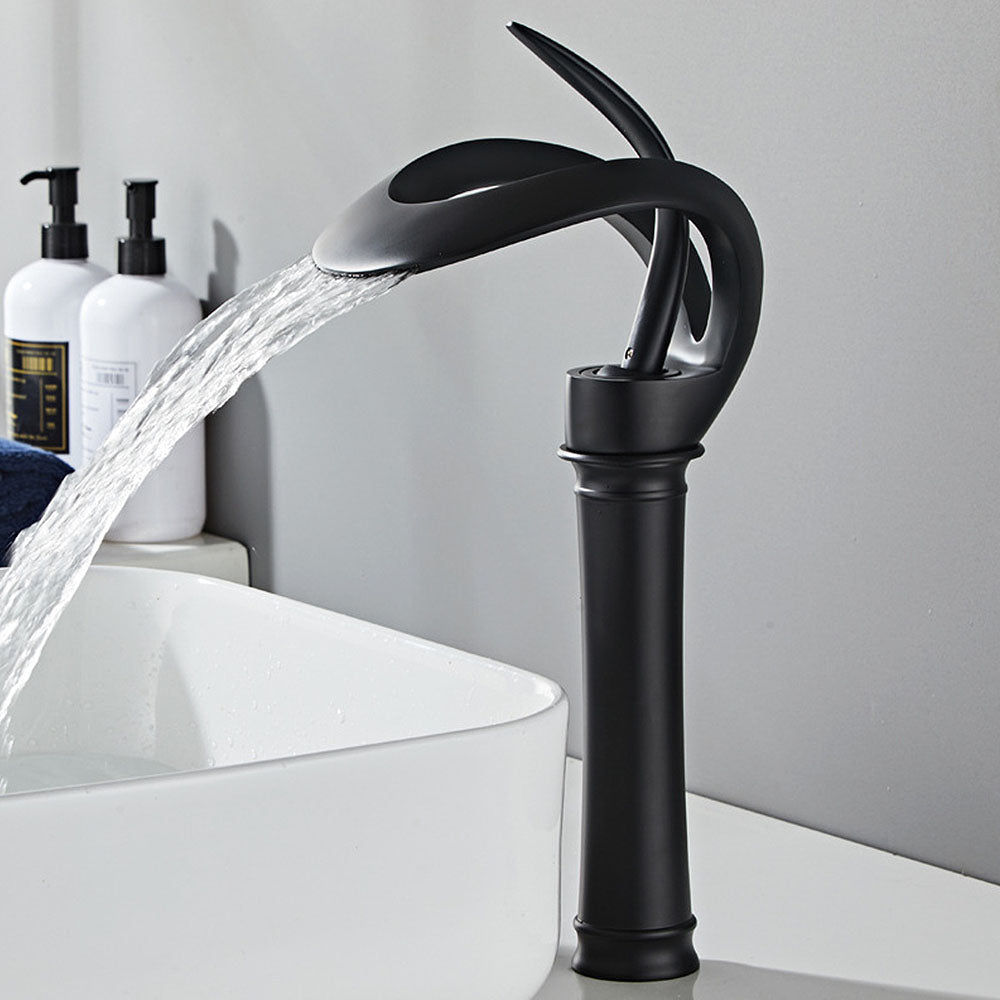 Thermora Single Handle Waterfall Brass Bathroom Sink Faucet with Hollowed-Out Design