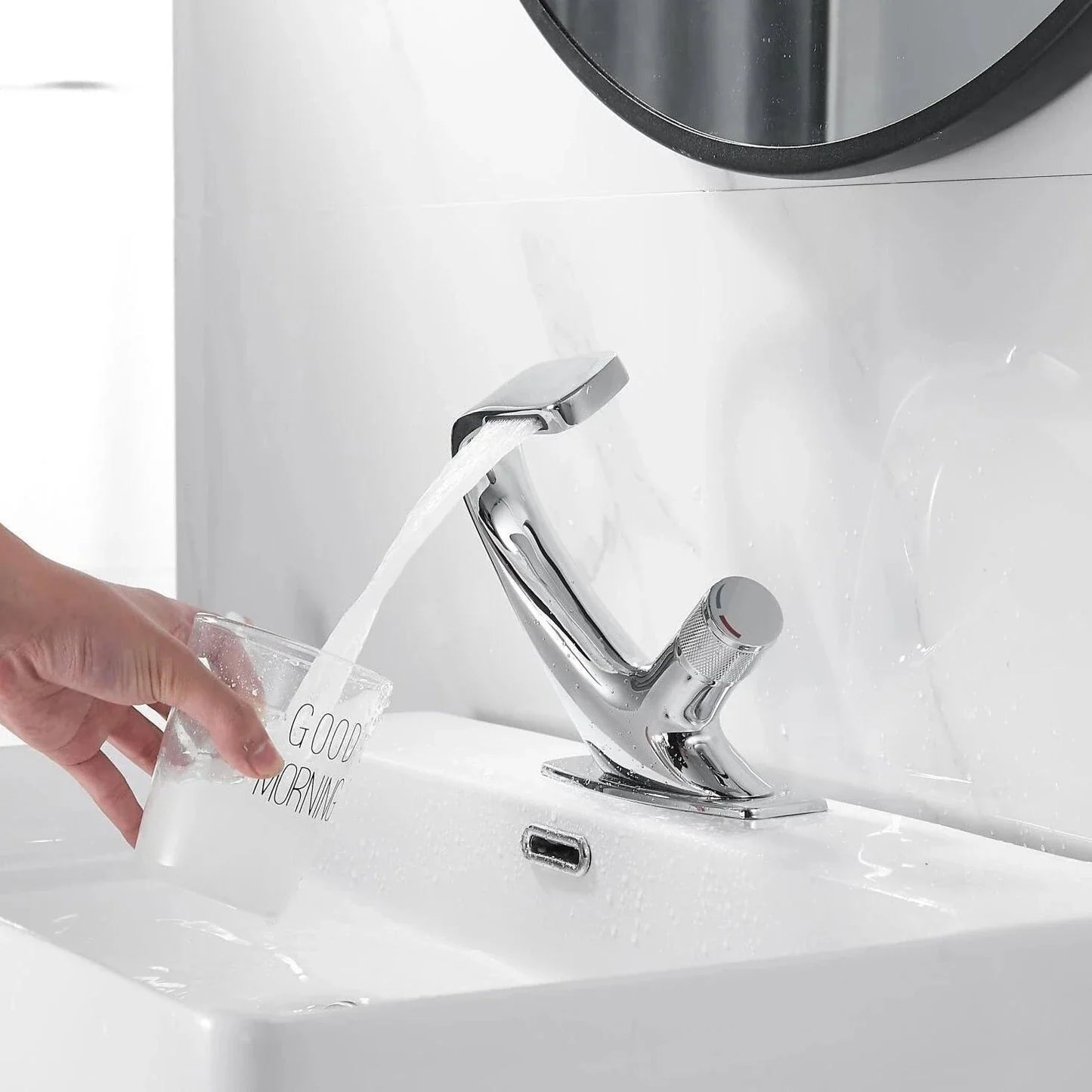 Rivora Modern Waterfall Basin Bathroom Sink Faucet, Single Handle Single Hole