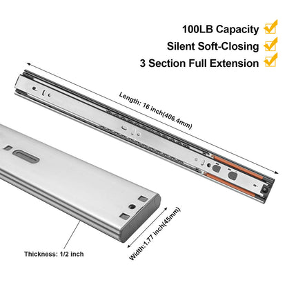10 Pair Silver Full Extension Push to Open Soft Close Drawer Slides