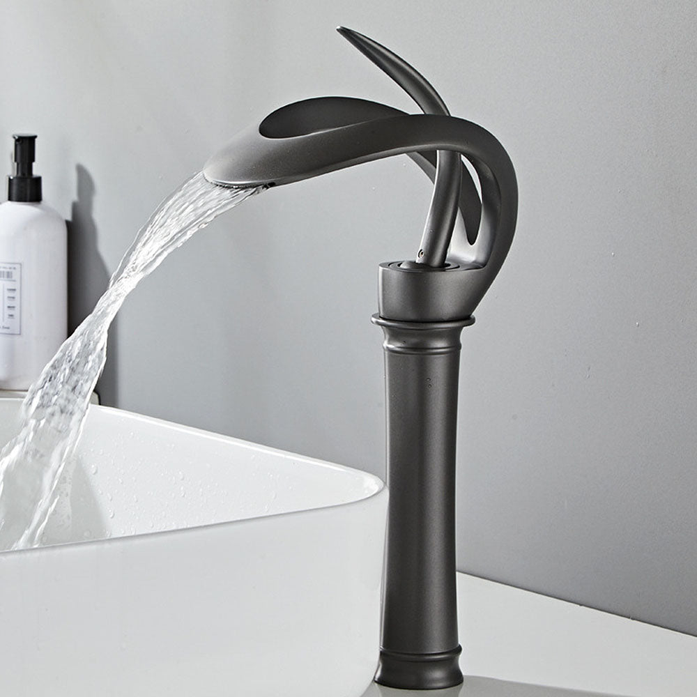 Thermora Single Handle Waterfall Brass Bathroom Sink Faucet with Hollowed-Out Design