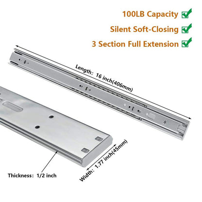 Soft Close Ball Bearing Full Extension Side Mount Drawer Slides 100 LB Load Capacity