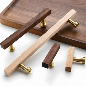 Wood Square Bar Cabinet Handles and Drawer Pulls with Brass Base