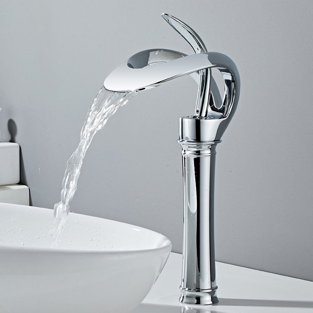 Thermora Single Handle Waterfall Brass Bathroom Sink Faucet with Hollowed-Out Design