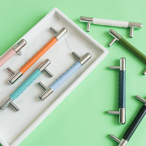 Colorful Leather Cabinet Pulls and Knobs, Stainless Steel
