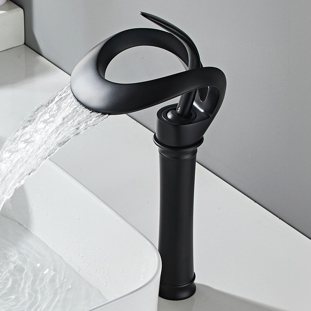 Thermora Single Handle Waterfall Brass Bathroom Sink Faucet with Hollowed-Out Design