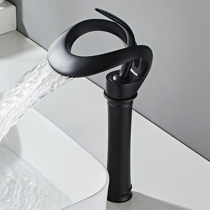 Thermora Single Handle Waterfall Brass Bathroom Sink Faucet with Hollowed-Out Design