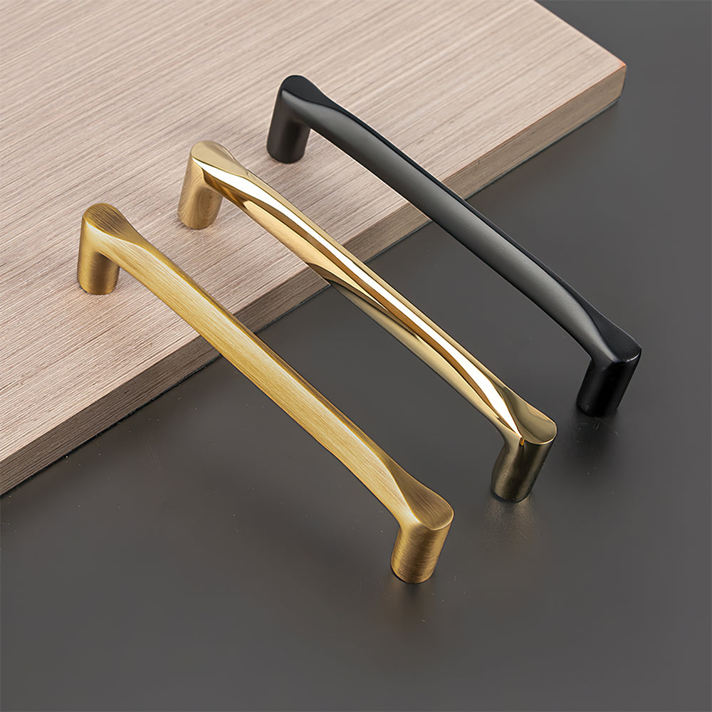 Curved Brass Cabinet Pulls in Gold and Black