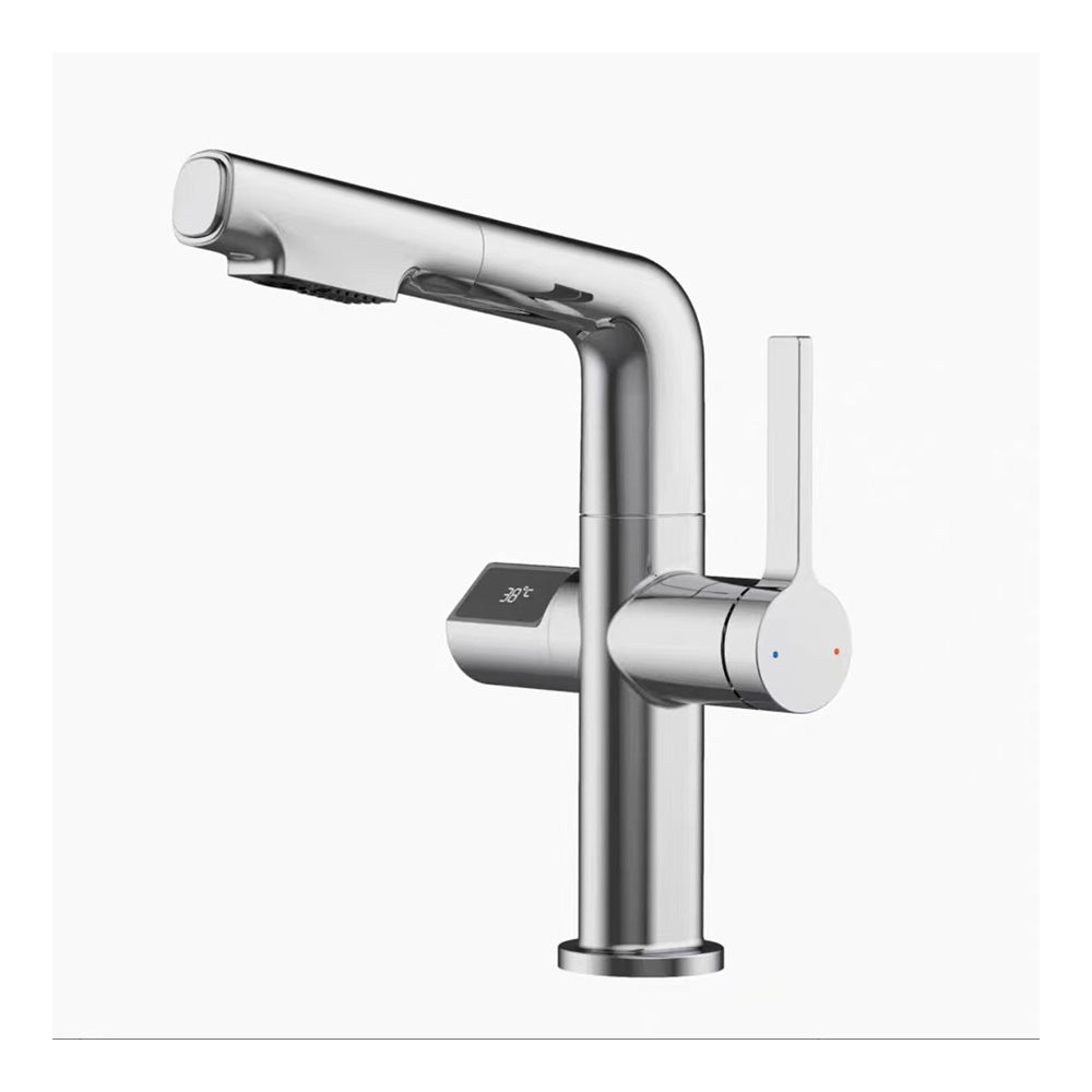 Pull-Out Bathroom Sink Faucet With Digital Temperature Display