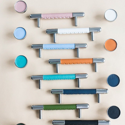 Colorful Leather Cabinet Pulls and Knobs, Stainless Steel