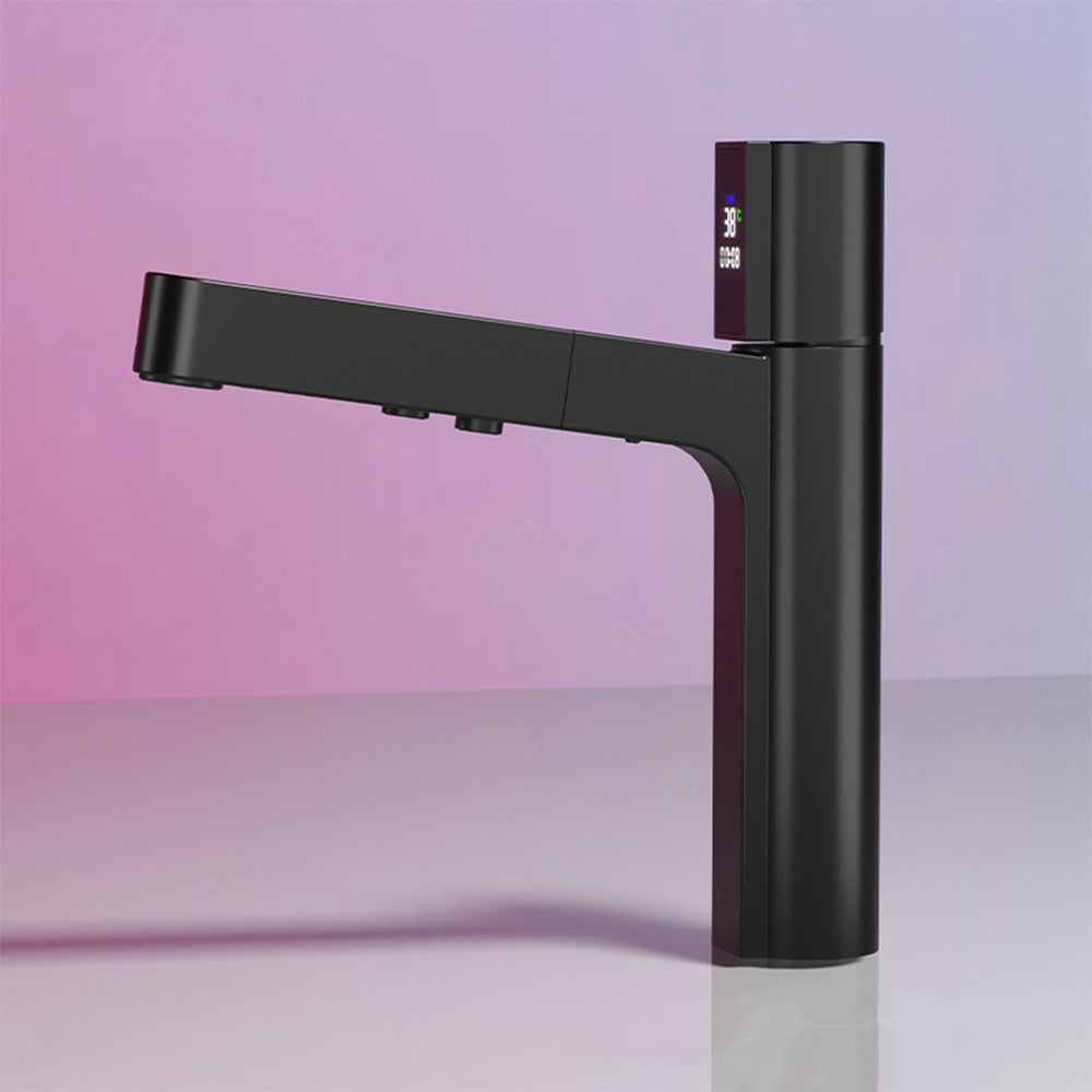 Light Luxury Single Hole LED Temperature Display Pull Out Bathroom Sink Faucet with Dual Spray Modes