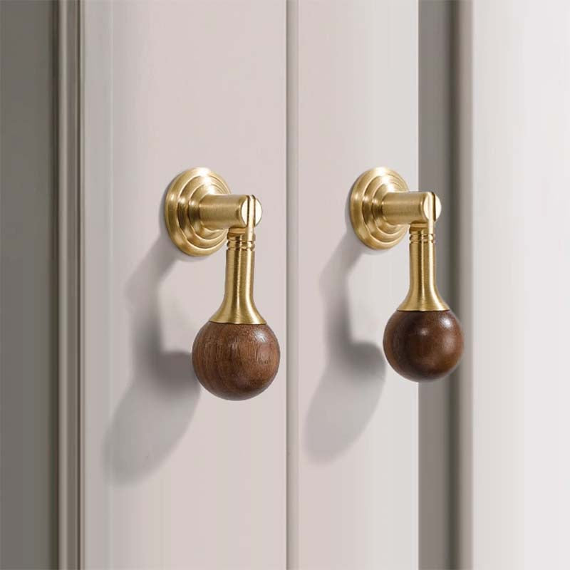 Walnut Ball Cabinet Knobs with Solid Brass Mounts