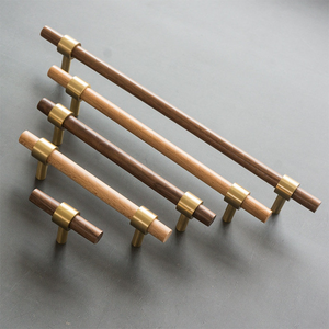 Walnut and Beech Wood Cabinet Pulls with Brass Bases