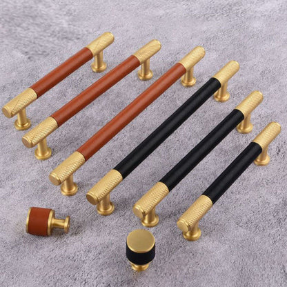 Cowhide Brass Cabinet Pulls and Knobs, Brown / Black Options