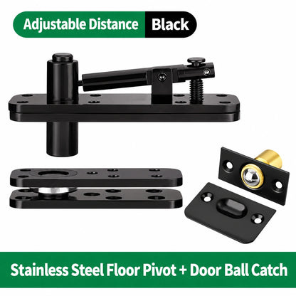 360° Concealed Pivot Hinge Set for Interior Wood Doors – Adjustable Top & Bottom Pivots with Ball Catch, Black