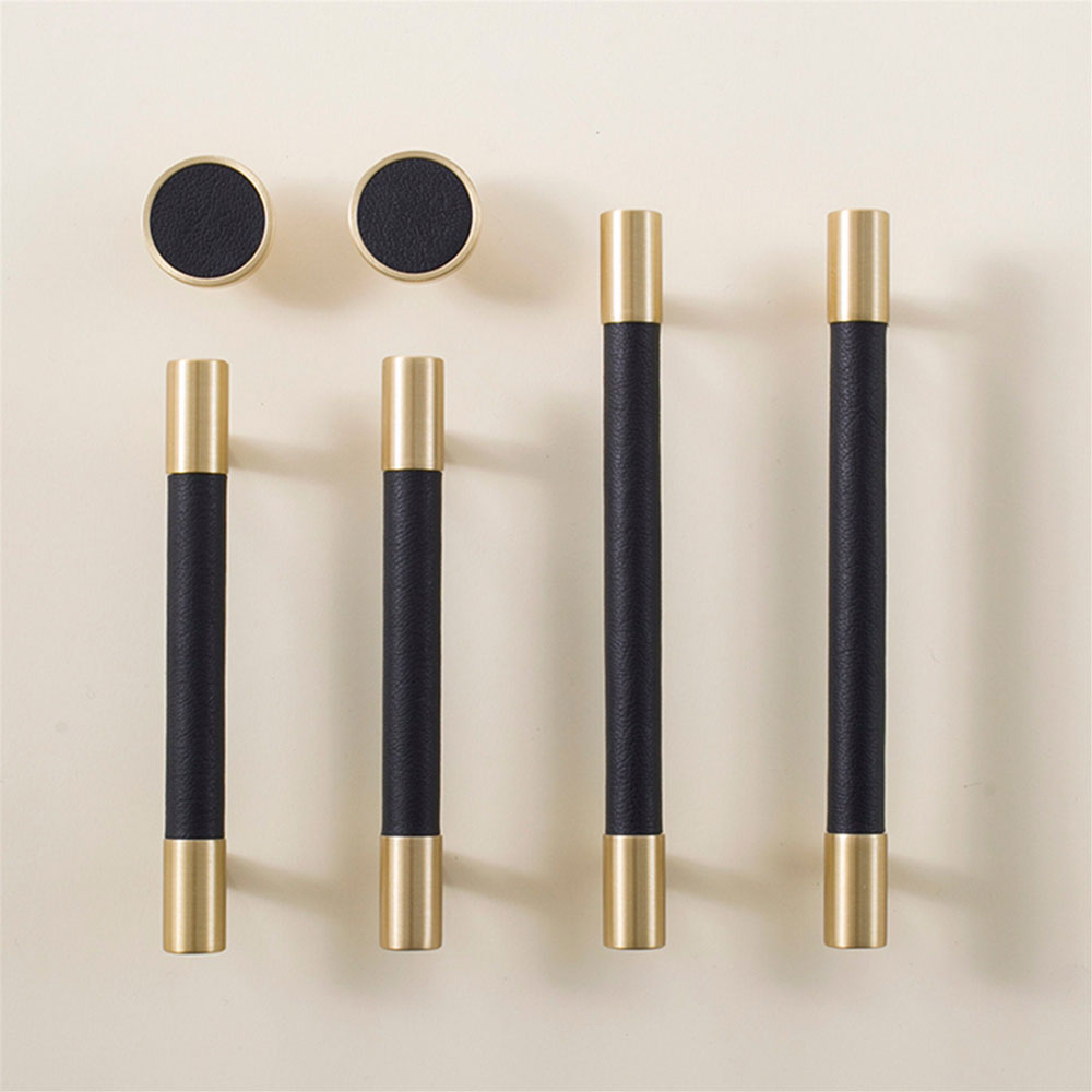 Black Leather Cabinet Pulls and Knobs with Brass-Toned Ends