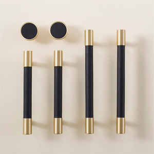 Black Leather Cabinet Pulls and Knobs with Brass-Toned Ends