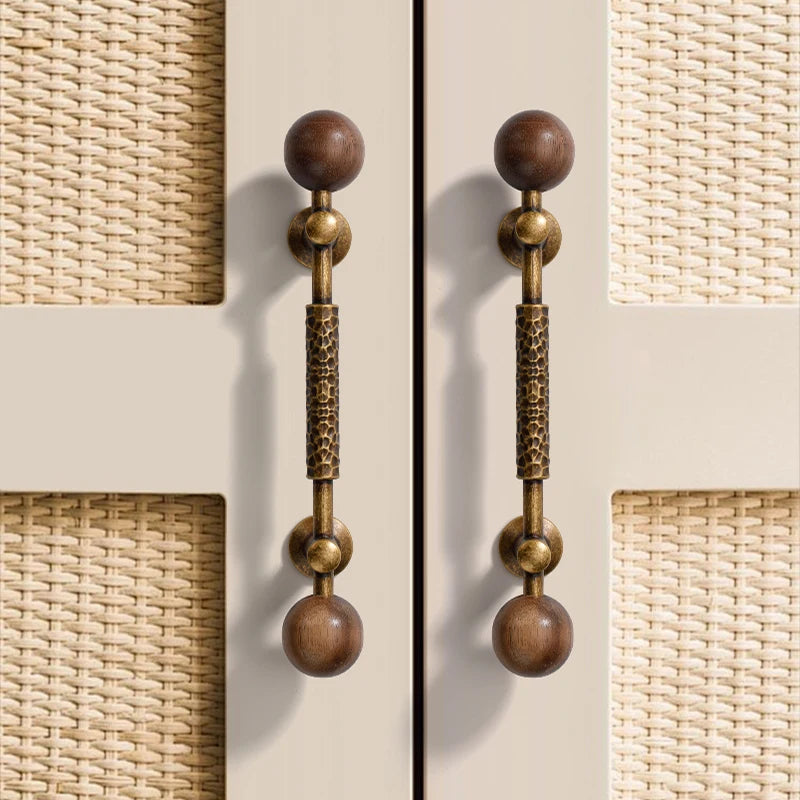 Knurled Walnut and Brass Cabinet Pulls for Wardrobes