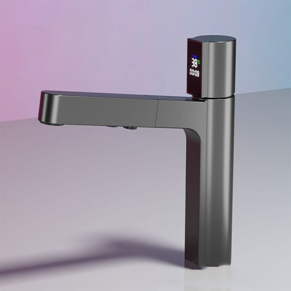 Light Luxury Single Hole LED Temperature Display Pull Out Bathroom Sink Faucet with Dual Spray Modes