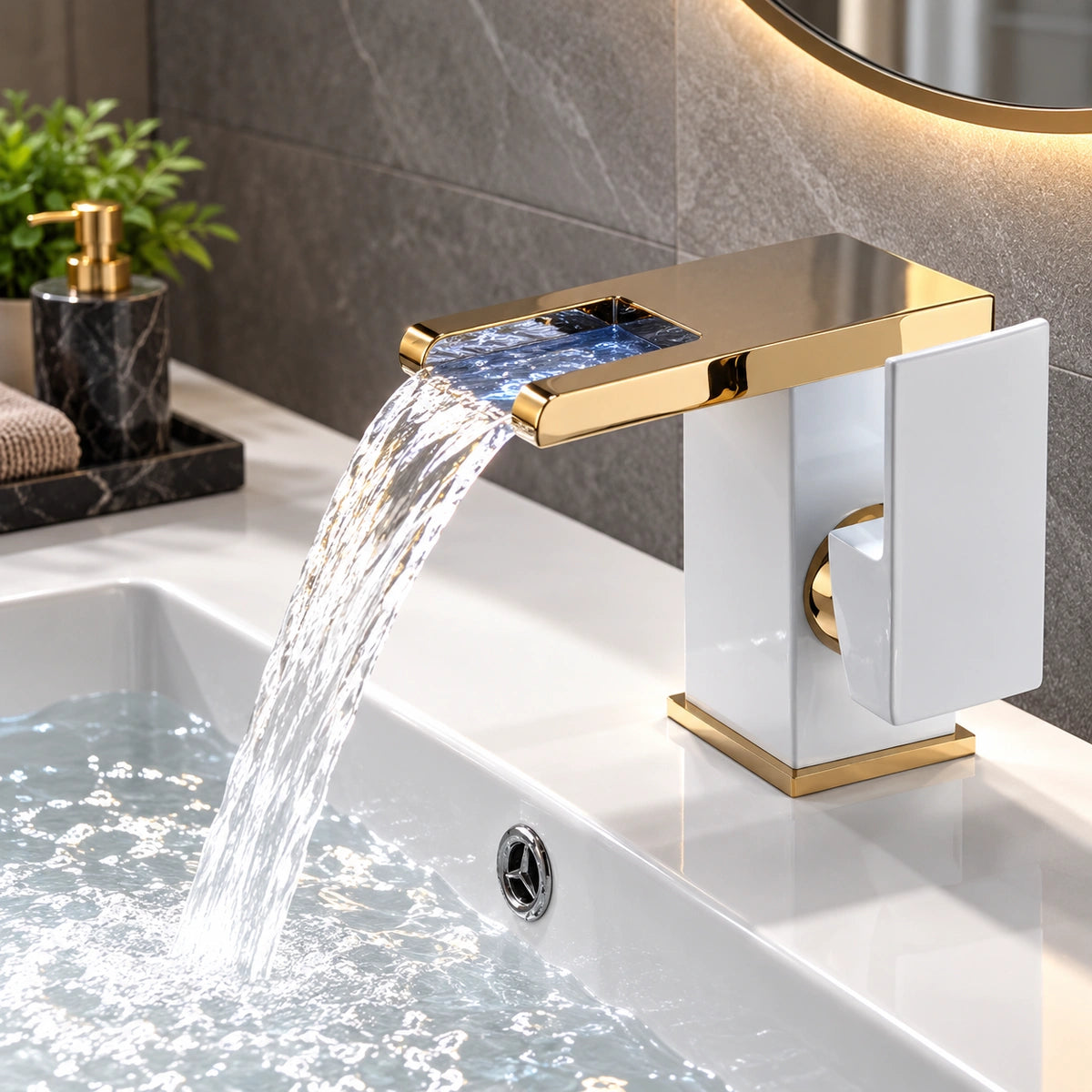 Lumina LED Waterfall Bathroom Sink Faucet with Color-Changing Temperature Light