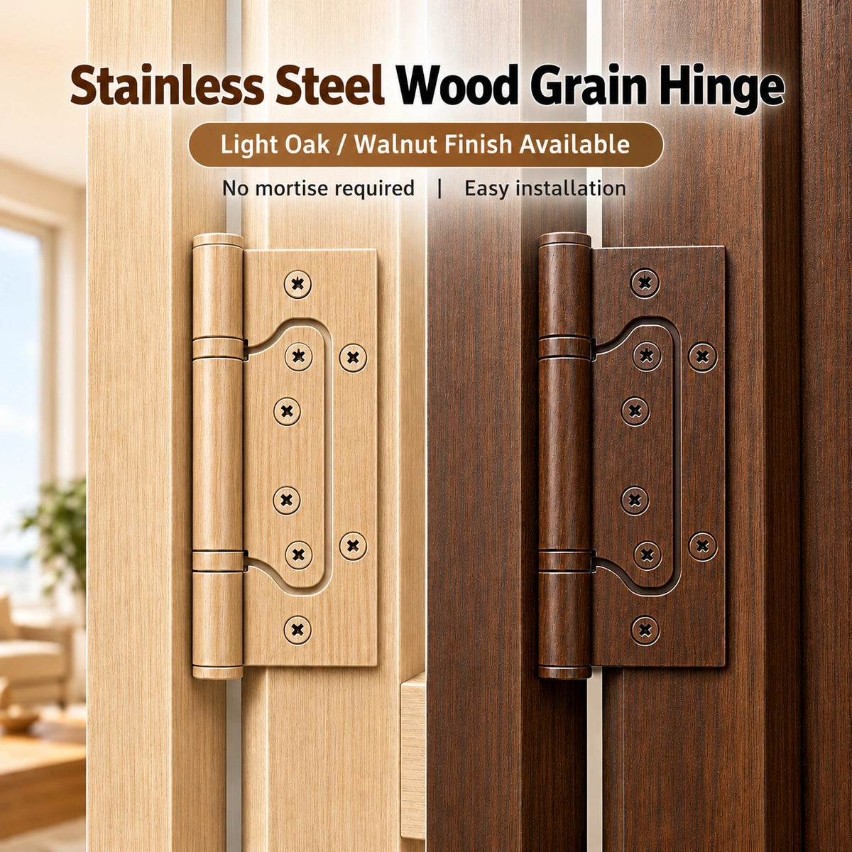 4-Inch Stainless Steel No-Mortise Door Hinges with Wood Grain Finish