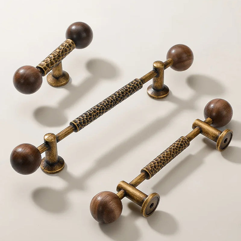 Knurled Walnut and Brass Cabinet Pulls for Wardrobes