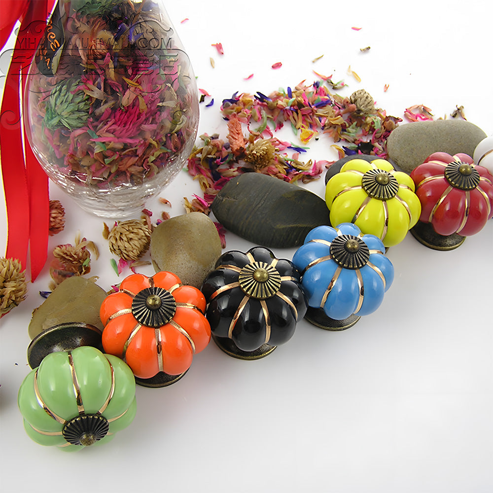 Ceramic Pumpkin Cabinet Knobs with Leaf Backplate