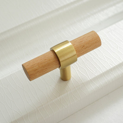 Walnut and Beech Wood Cabinet Pulls with Brass Bases