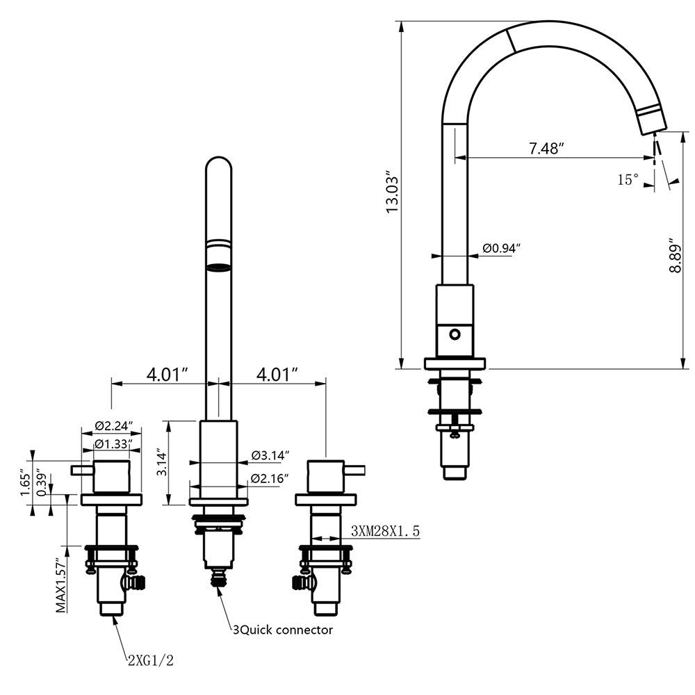Axion Minimalist Tall-Arc Two-Handle 3-Hole Widespread Bathroom Sink Faucet