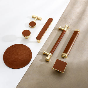 Leather Inset Cabinet Pull Handles and Knobs, Gold / Brown