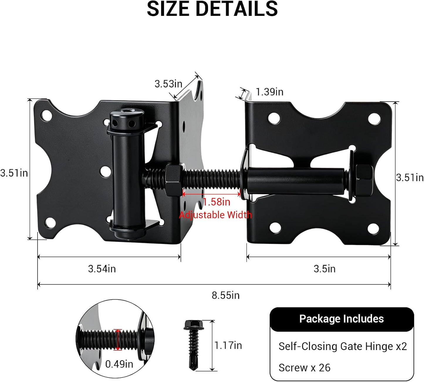 Harlow Self-Closing Door Hinges for Gates, Adjustable Black 2-Pack