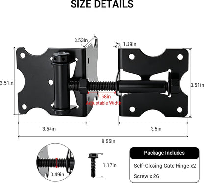 Harlow Self-Closing Door Hinges for Gates, Adjustable Black 2-Pack