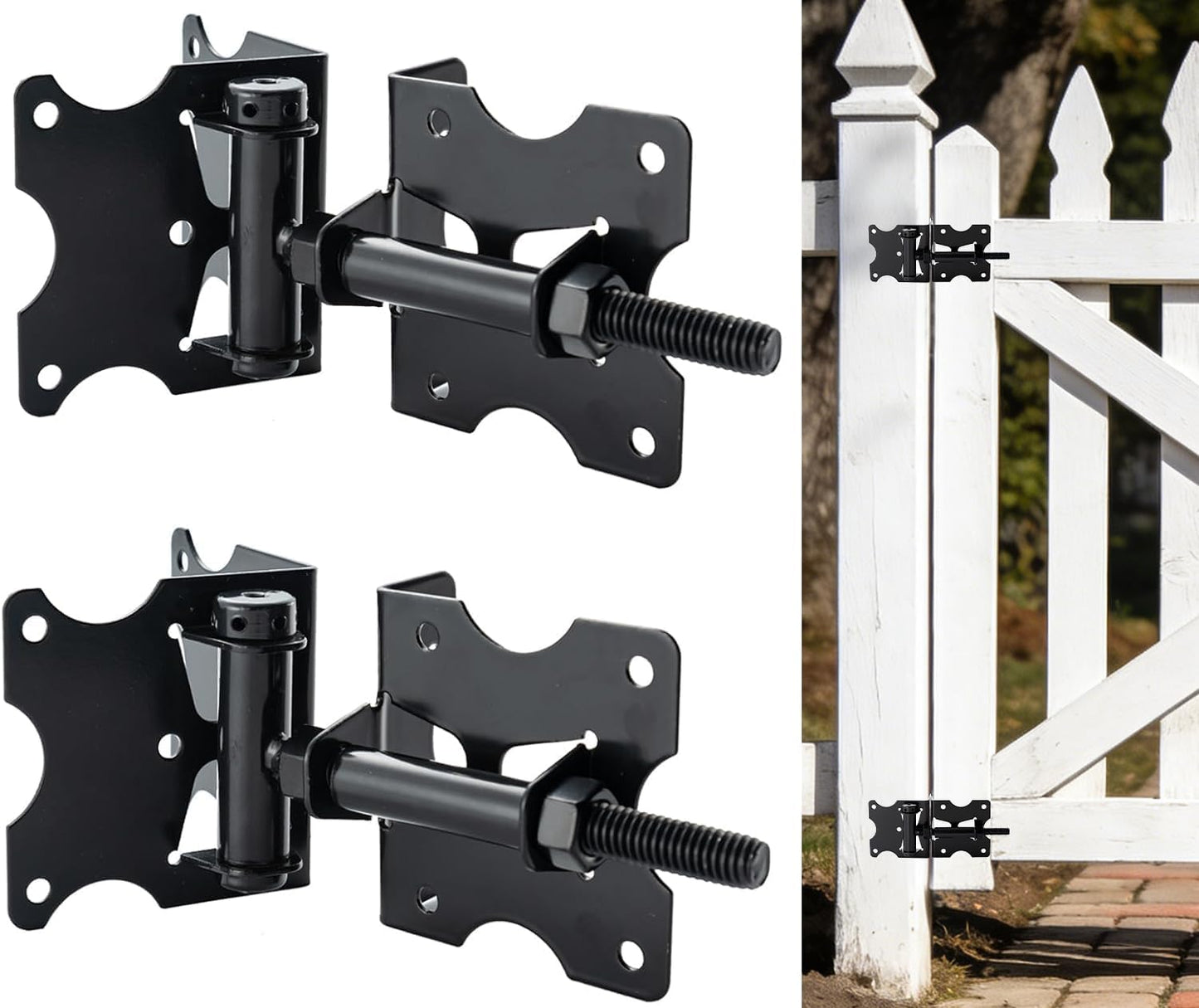 Harlow Self-Closing Door Hinges for Gates, Adjustable Black 2-Pack