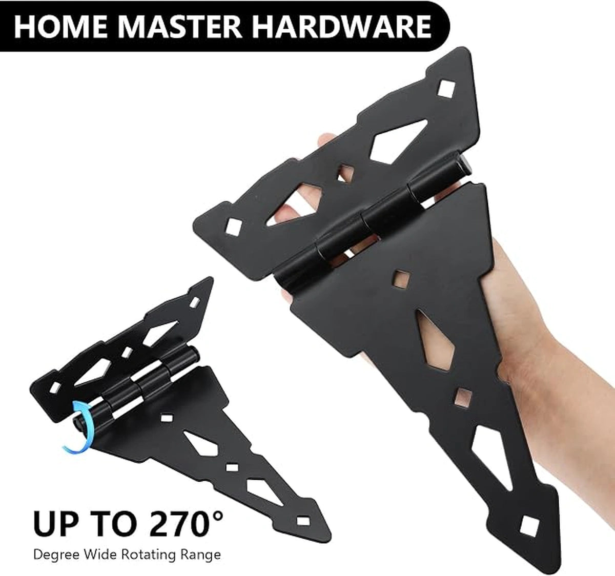 Heavy-Duty Decorative T-Strap Gate Hinges, 8-Inch and 10-Inch, Black