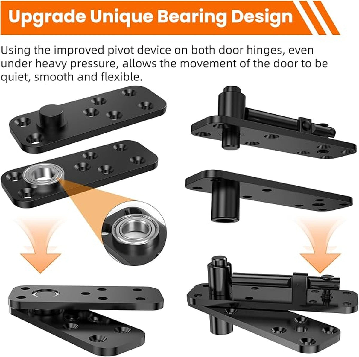 360° Concealed Pivot Hinge Set for Interior Wood Doors – Adjustable Top & Bottom Pivots with Ball Catch, Black