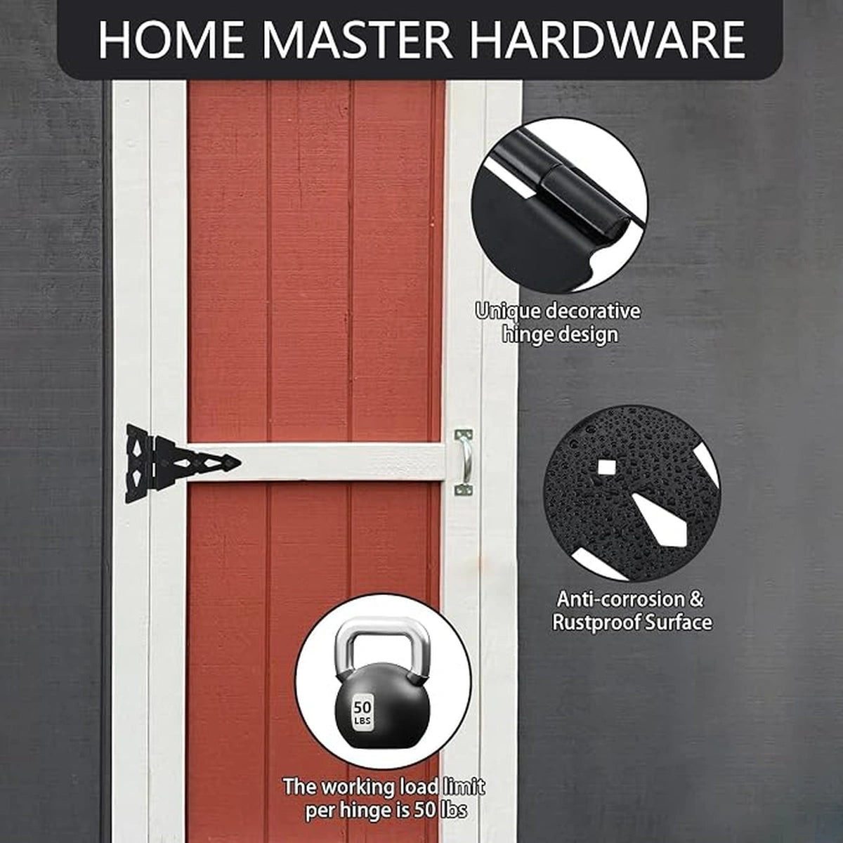 Heavy-Duty Decorative T-Strap Gate Hinges, 8-Inch and 10-Inch, Black
