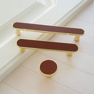 Leather Inset Cabinet Pull Handles and Knobs, Gold / Brown