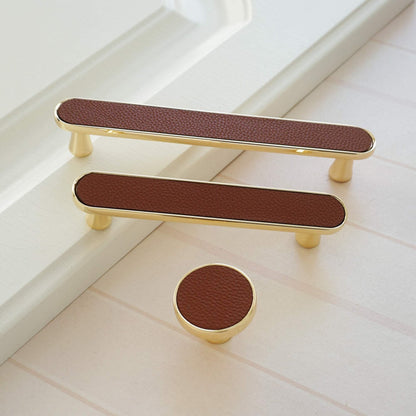 Leather Inset Cabinet Pull Handles and Knobs, Gold / Brown