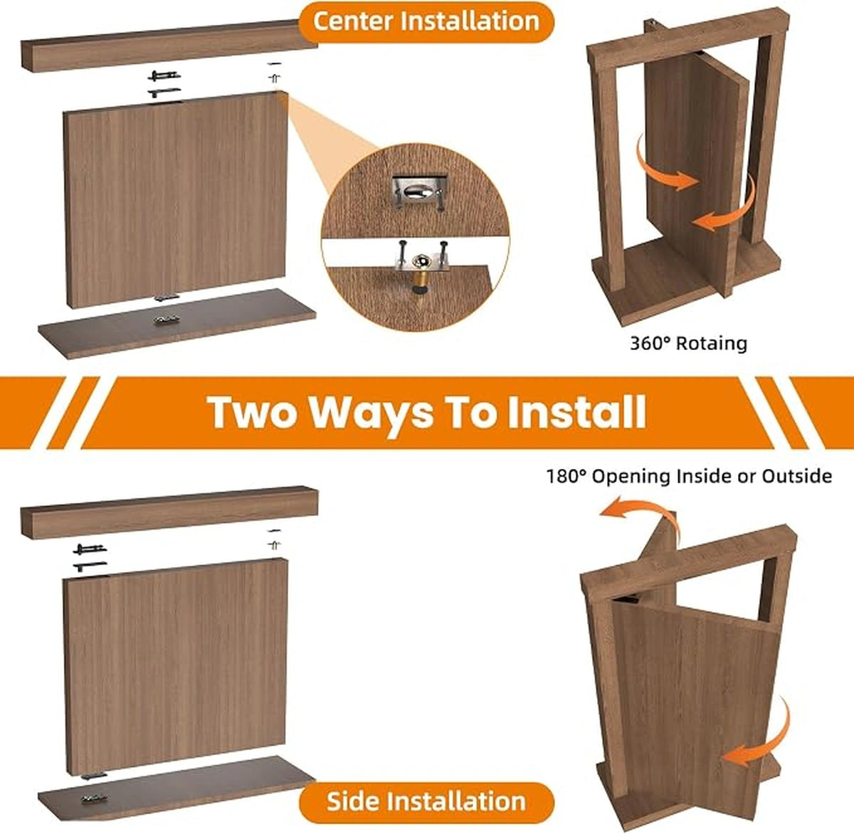 360° Concealed Pivot Hinge Set for Interior Wood Doors – Adjustable Top & Bottom Pivots with Ball Catch, Black