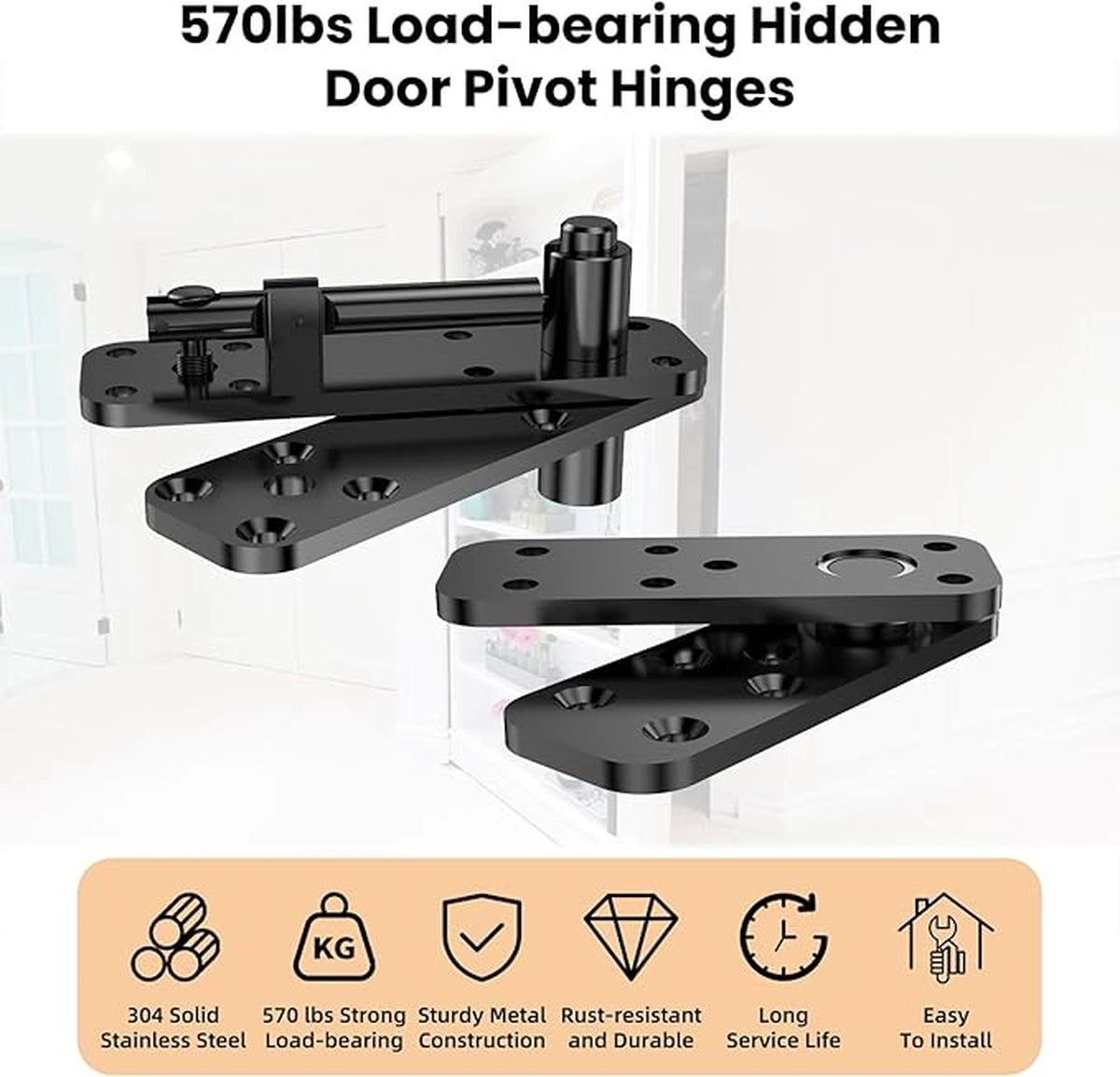 360° Concealed Pivot Hinge Set for Interior Wood Doors – Adjustable Top & Bottom Pivots with Ball Catch, Black