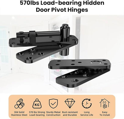 360° Concealed Pivot Hinge Set for Interior Wood Doors – Adjustable Top & Bottom Pivots with Ball Catch, Black