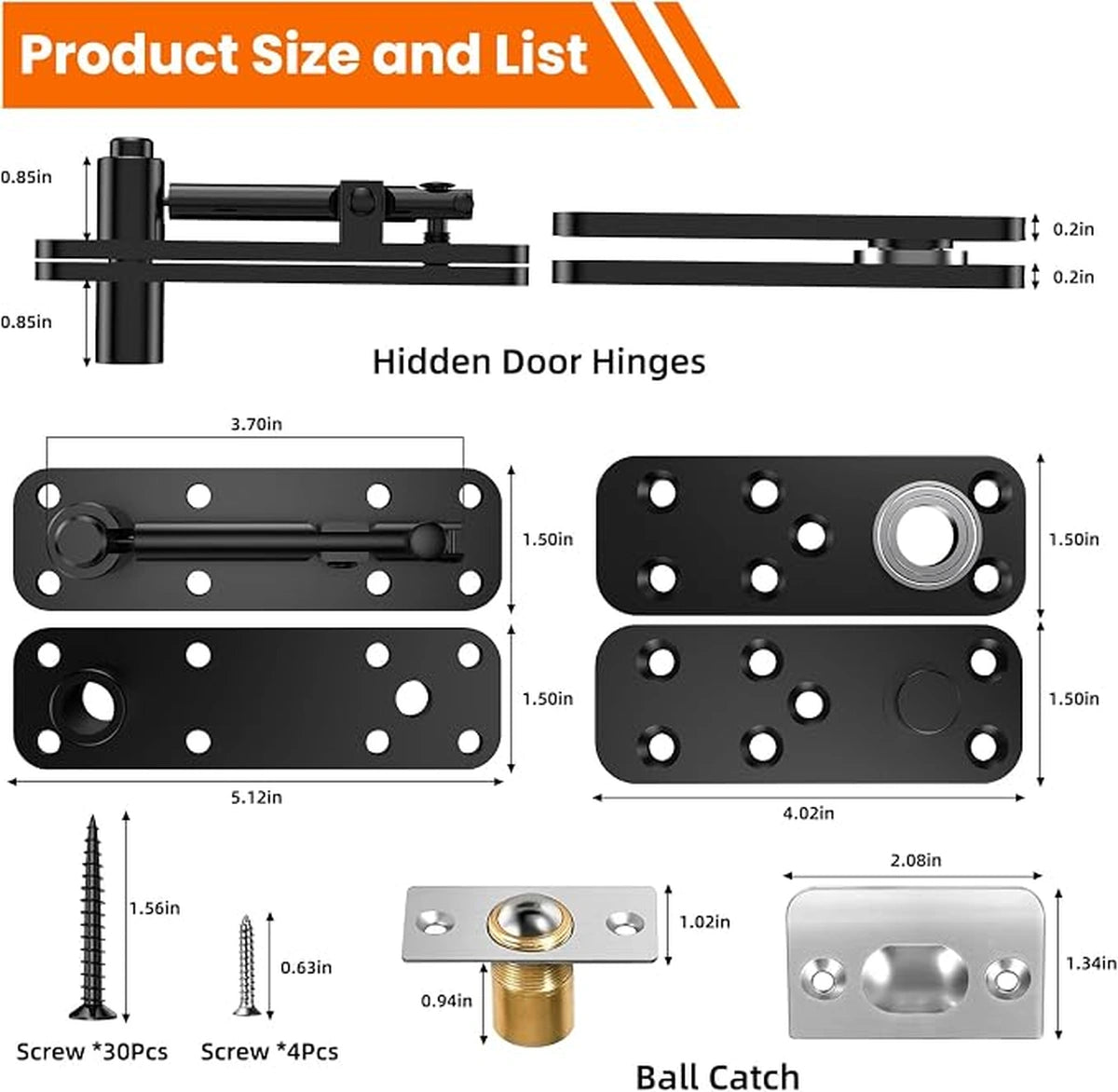 360° Concealed Pivot Hinge Set for Interior Wood Doors – Adjustable Top & Bottom Pivots with Ball Catch, Black