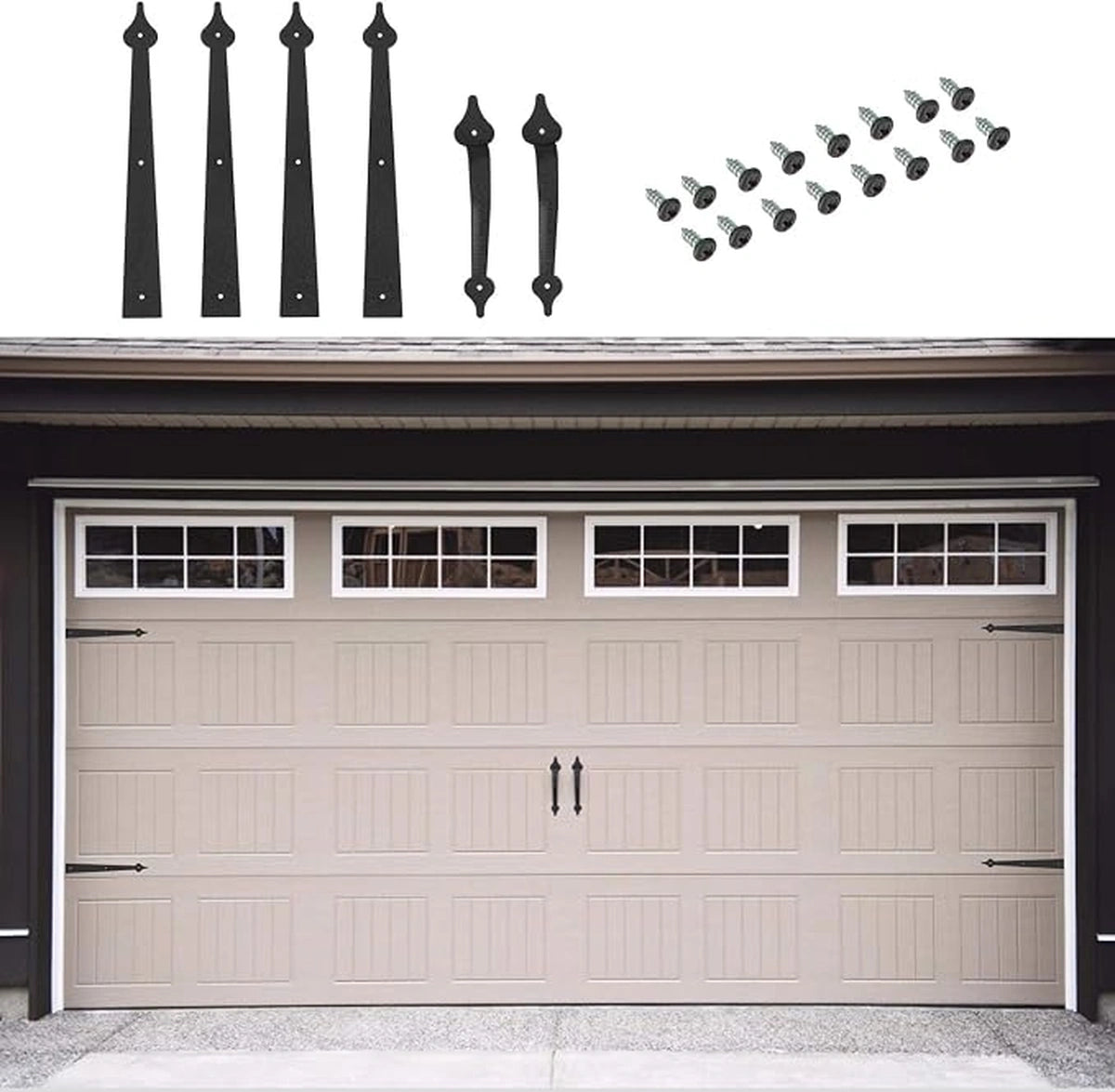 Faux Garage Door Hinge and Handle Kit, Black Spear Style
