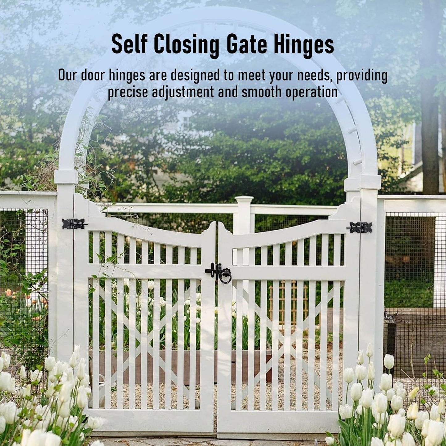 Harlow Self-Closing Door Hinges for Gates, Adjustable Black 2-Pack