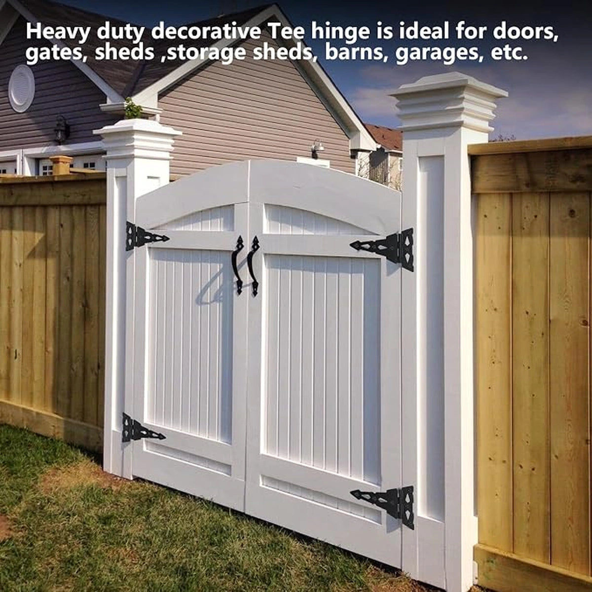 Heavy-Duty Decorative T-Strap Gate Hinges, 8-Inch and 10-Inch, Black