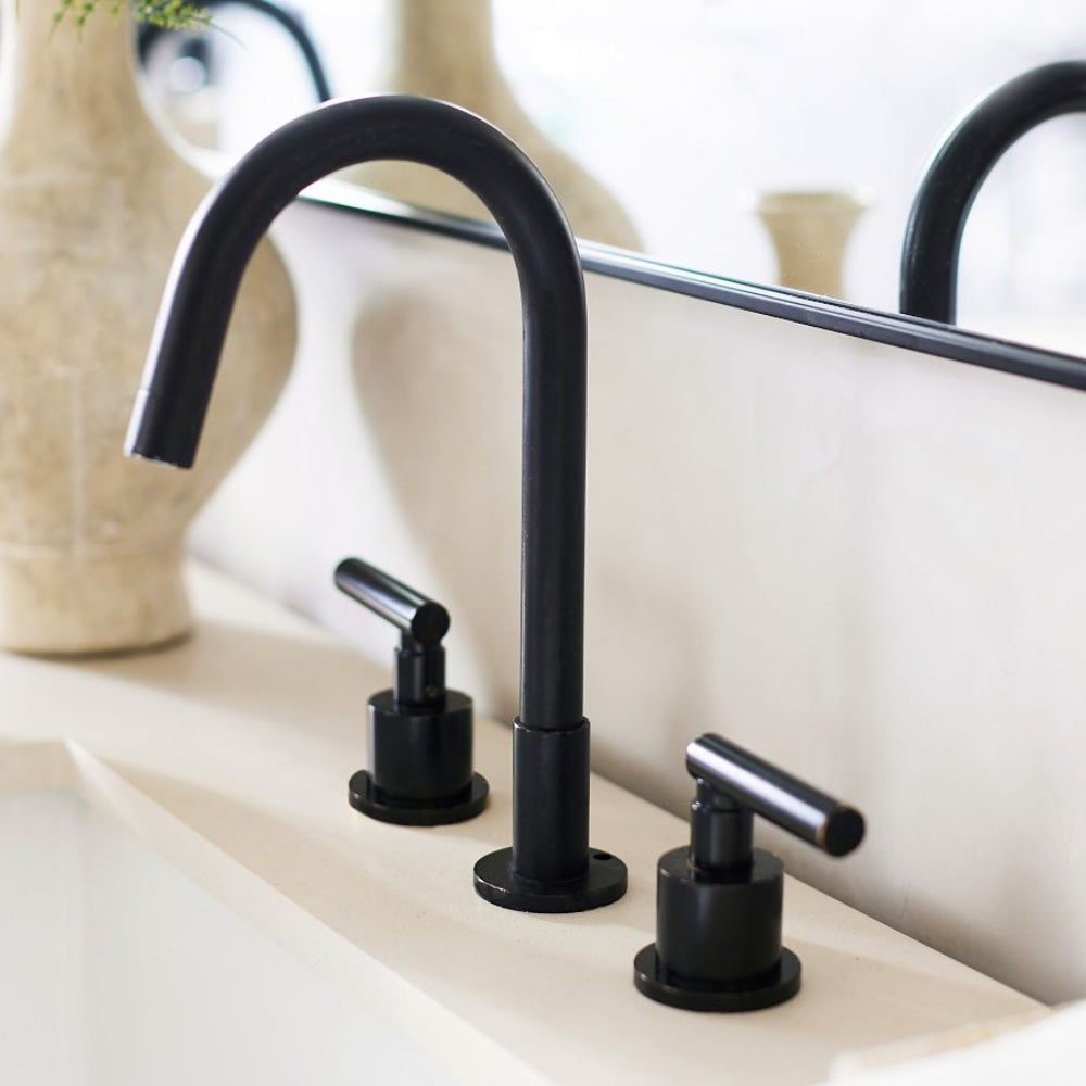 Tivora Minimalist Gooseneck Two-Handle 3-Hole Widespread Bathroom Sink Faucet